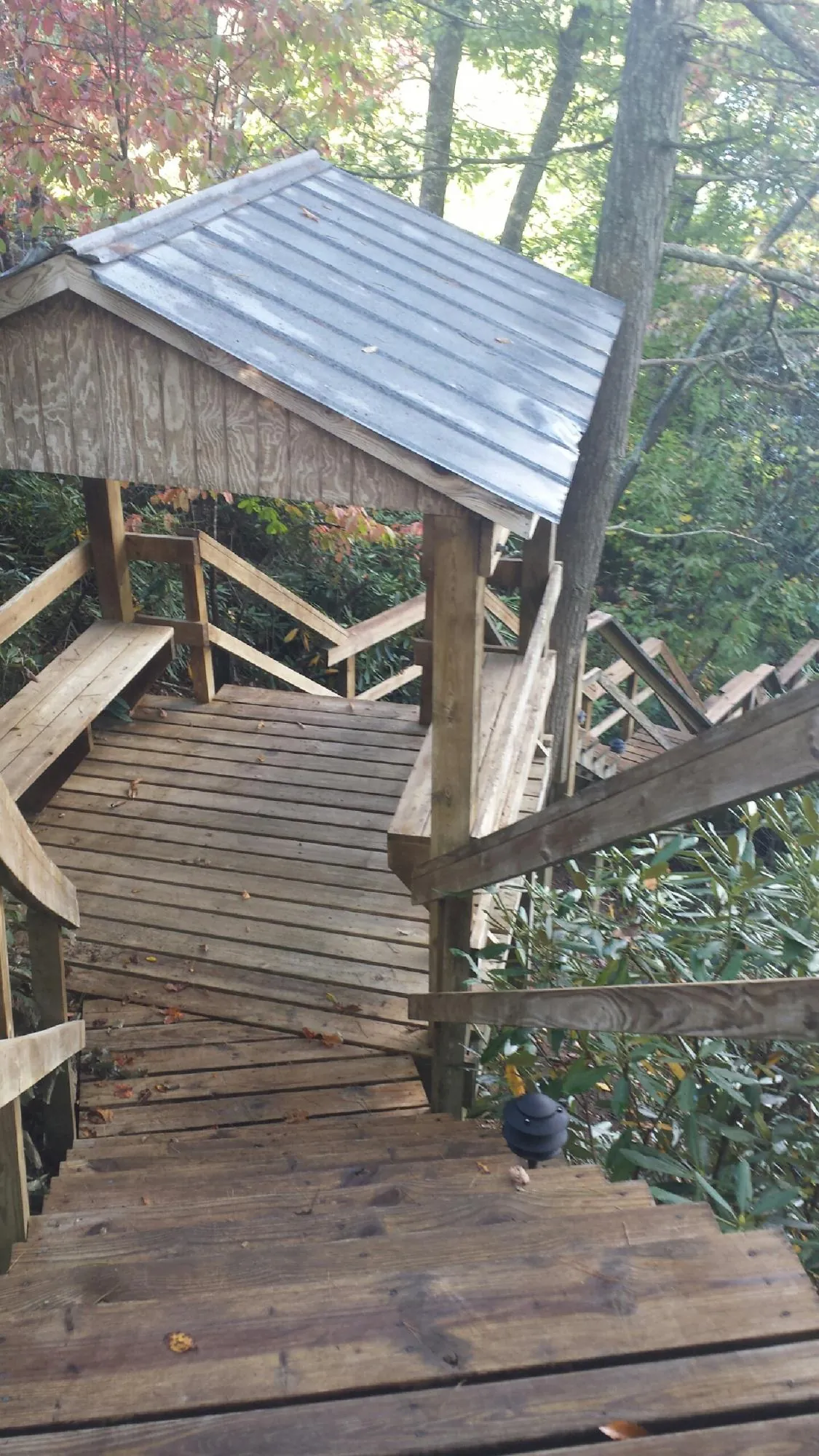 Metal roofed shelter over wooden steps on a wooded walkway — Skylight Repair & Installation work by our crew in Maple Grove